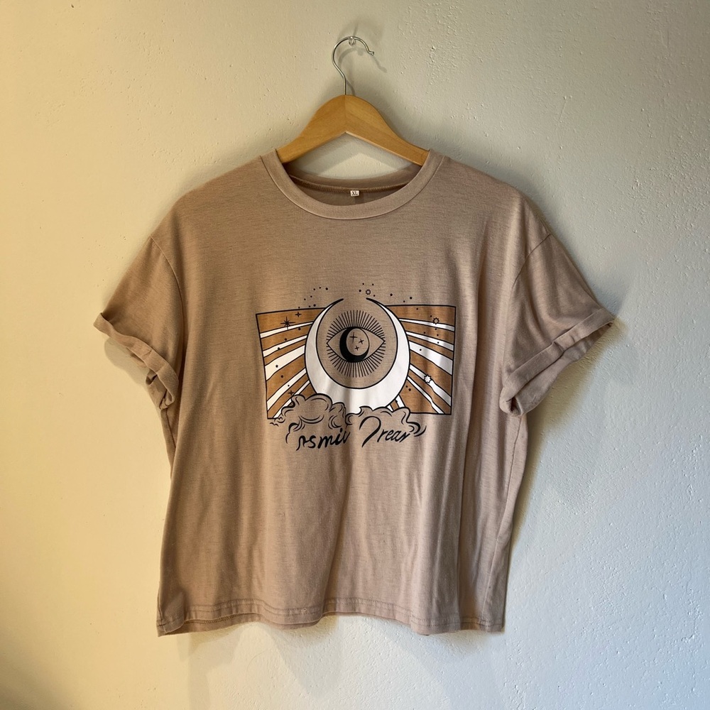 Cosmic Dream Beige Cuffed Sleeve Crop Top Tee